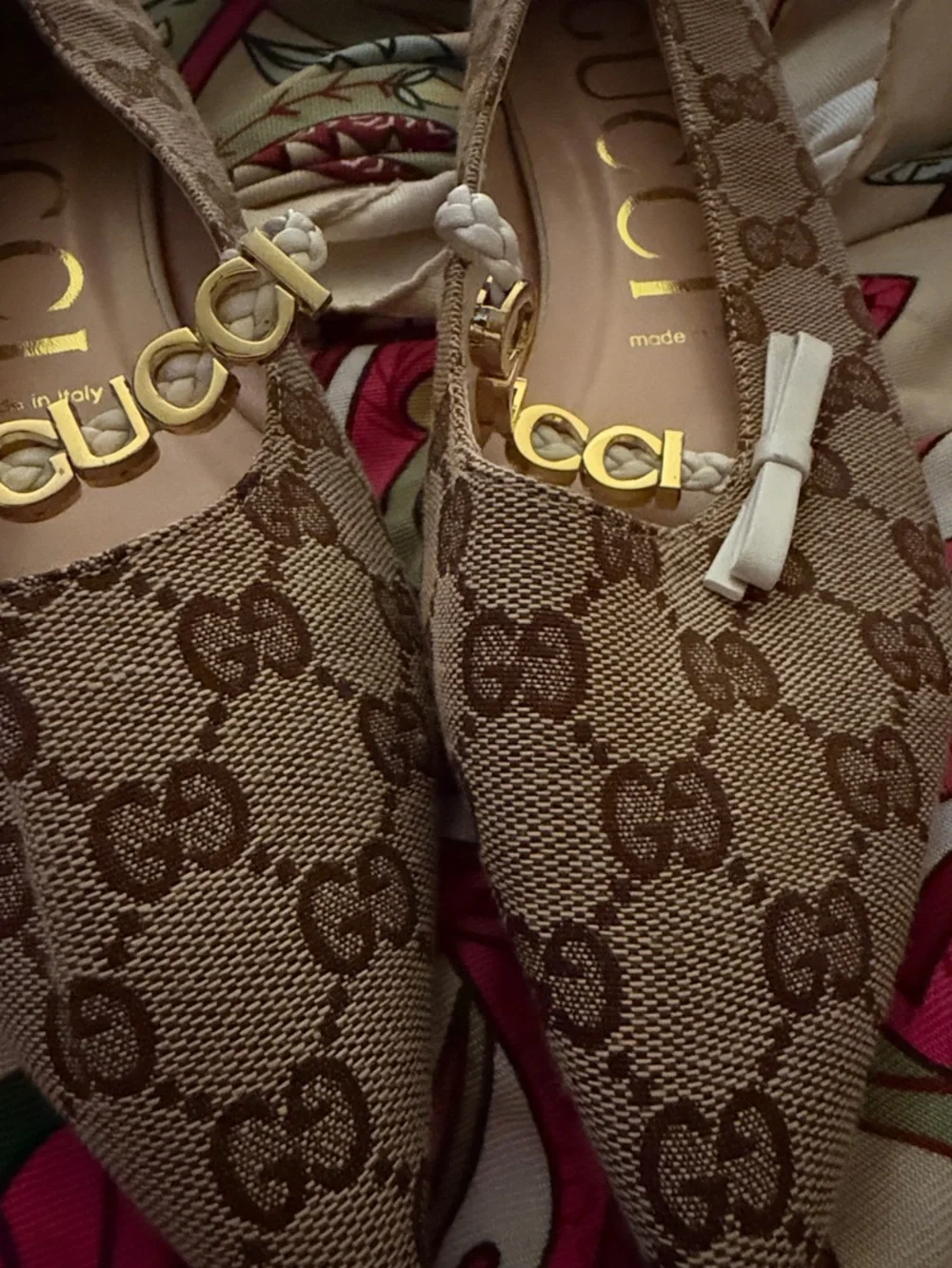 Gucci Beige/Brown GG Canvas Pointed Toe Flats with Gold Logo - Picture 3 of 4